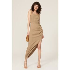 Just Bee Queen Aria Brown Linen Asymmetric Ruched Tie Back Midi Dress Size S